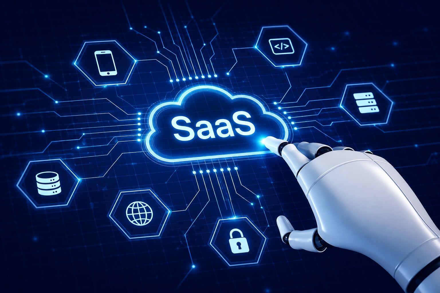 Roboterhand verbindet eine SaaS-Cloud mit Anwendungen und Datenbanken